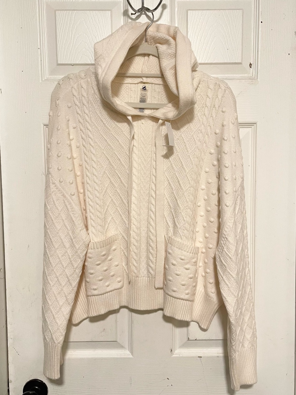 New Lou & Grey Cream Cable-Knit chunky Hooded Sweater Sz L oversized